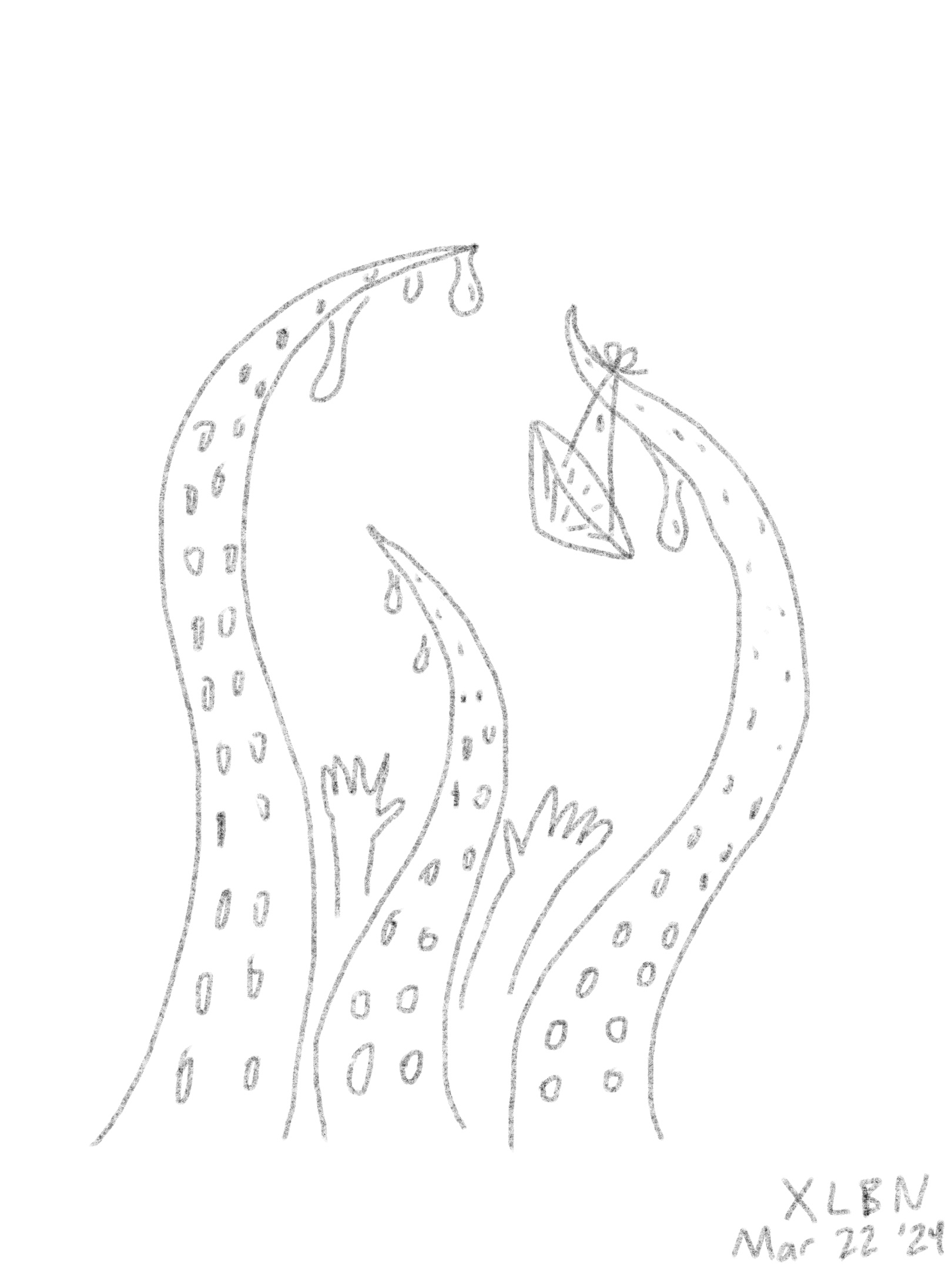 A doodle of a bunch of gooey tentacles with hands reaching out of them. A straw hat is hooked on one of the tentacles. The image is signed XlBN Mar 22 2024