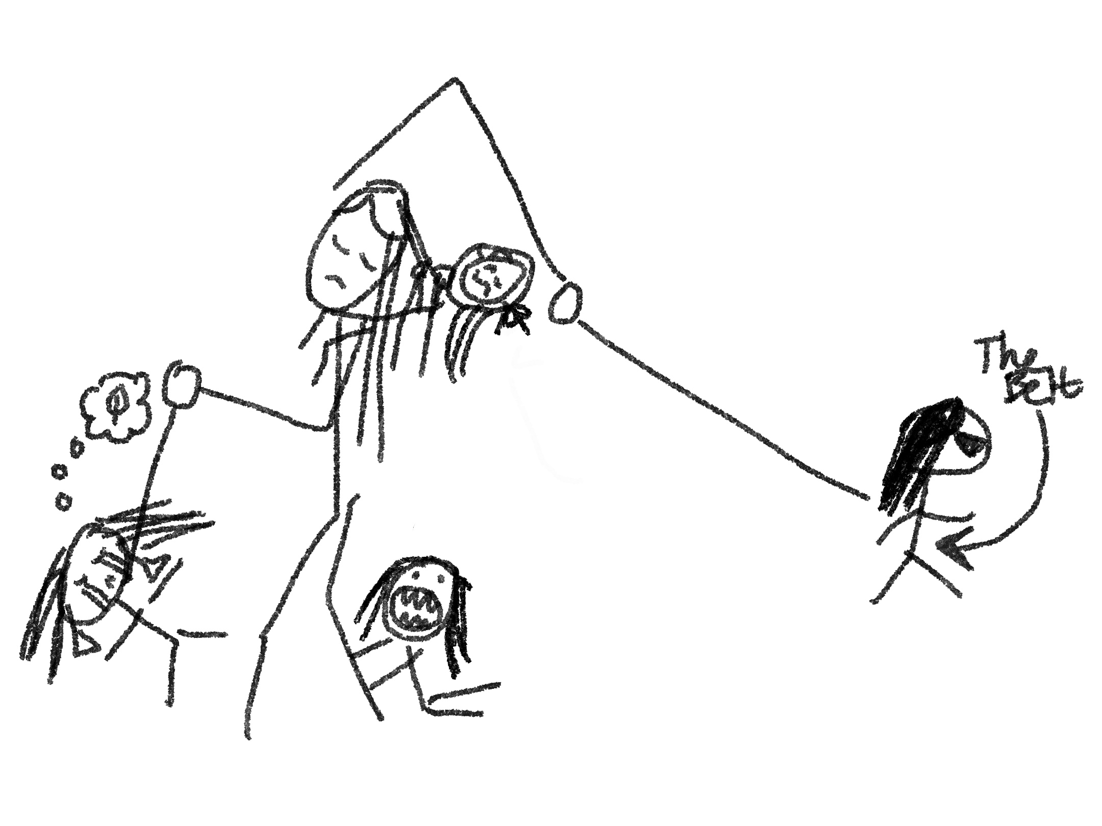 A stick figure drawing of Xie Lian dealing with the Four Calamities as toddlers. Xie Lian is holding the leashes of Hua Cheng and He Xuan, arms pulled into what looks like an uncomfortable position.

  He Xuan is collapsed on the ground, crying, with a thought bubble showing that he's thinking of a leaf (a spoiler-avoiding reference to another character). Hua Cheng is heading off in the opposite direction, with an arrow pointing to his waist saying that he is wearing "The Belt" (it is a belt that Xie Lian does not want him to wear in public).

  Qi Rong is holding onto Xie Lian's leg and looking like he's about to bite him, with a comically large mouth and sharp teeth. Bai Wuxiang, whose mask is tied on with a little bow, is pilling on some strands of Xie Lian's hair in an attempt to puppet him Ratatouille style.